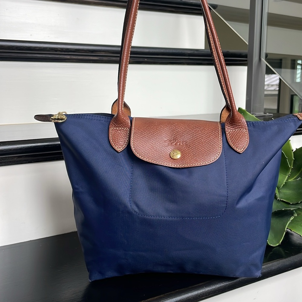 Longchamp le pliage navy genuine leather shoulder handbag purse tote like new